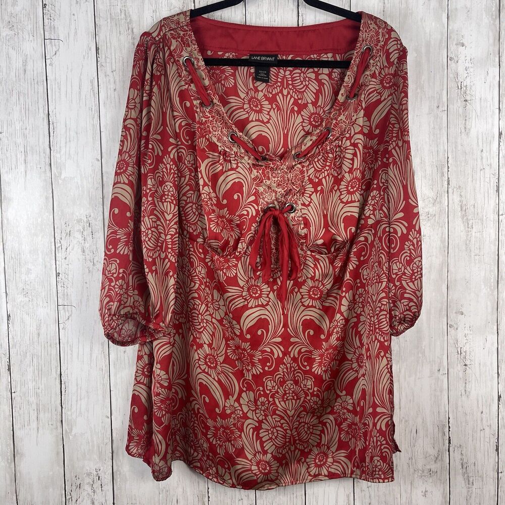 Lane Bryant Top Women 22/24 Red Paisley Satin Blouse Tie Detail Holiday Flowy
